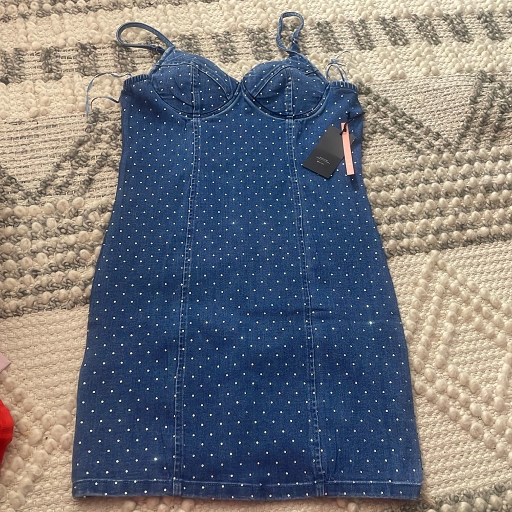 NWT STRETCHY BODYCON BEDAZZLED DENIM DRESS